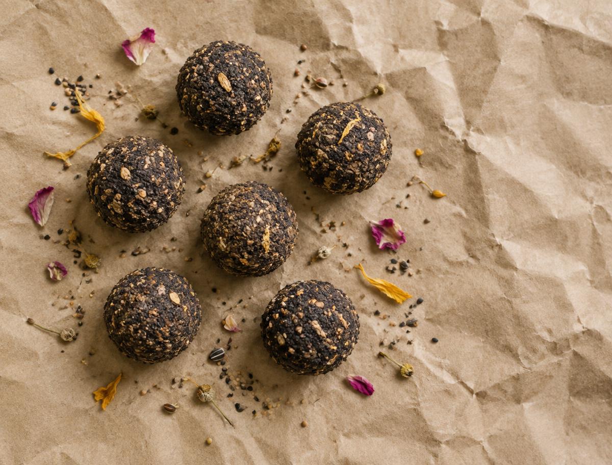 Round seed bombs resting on kraft paper with scattered wildflower seeds